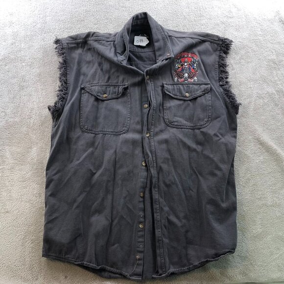 Biker Design Mens Shirt Large Graphic Prinnt Top Gray Sleeveless Button Up Y2K - Picture 8 of 9